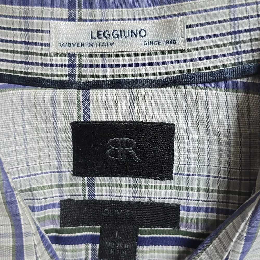 BR BANANA REPUBLIC Slim Fit Leggiuno Fabric Blue & White Plaid Button-Up Sz‎ L